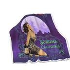 Sonoma Rebel vintage pinup fleece blanket with a woman, wine bottle, and glass under a large moon. Features "Sonoma California" text.