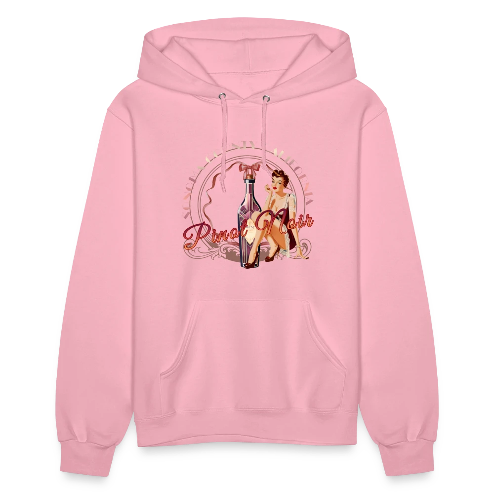 Sonoma Rebel pink cotton-polyester blend women's hoodie with adjustable drawstring hood and front pocket, featuring a pinup girl graphic with a wine bottle.