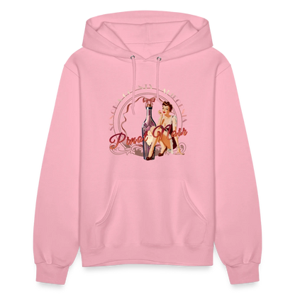 Sonoma Rebel pink cotton-polyester blend women's hoodie with adjustable drawstring hood and front pocket, featuring a pinup girl graphic with a wine bottle.