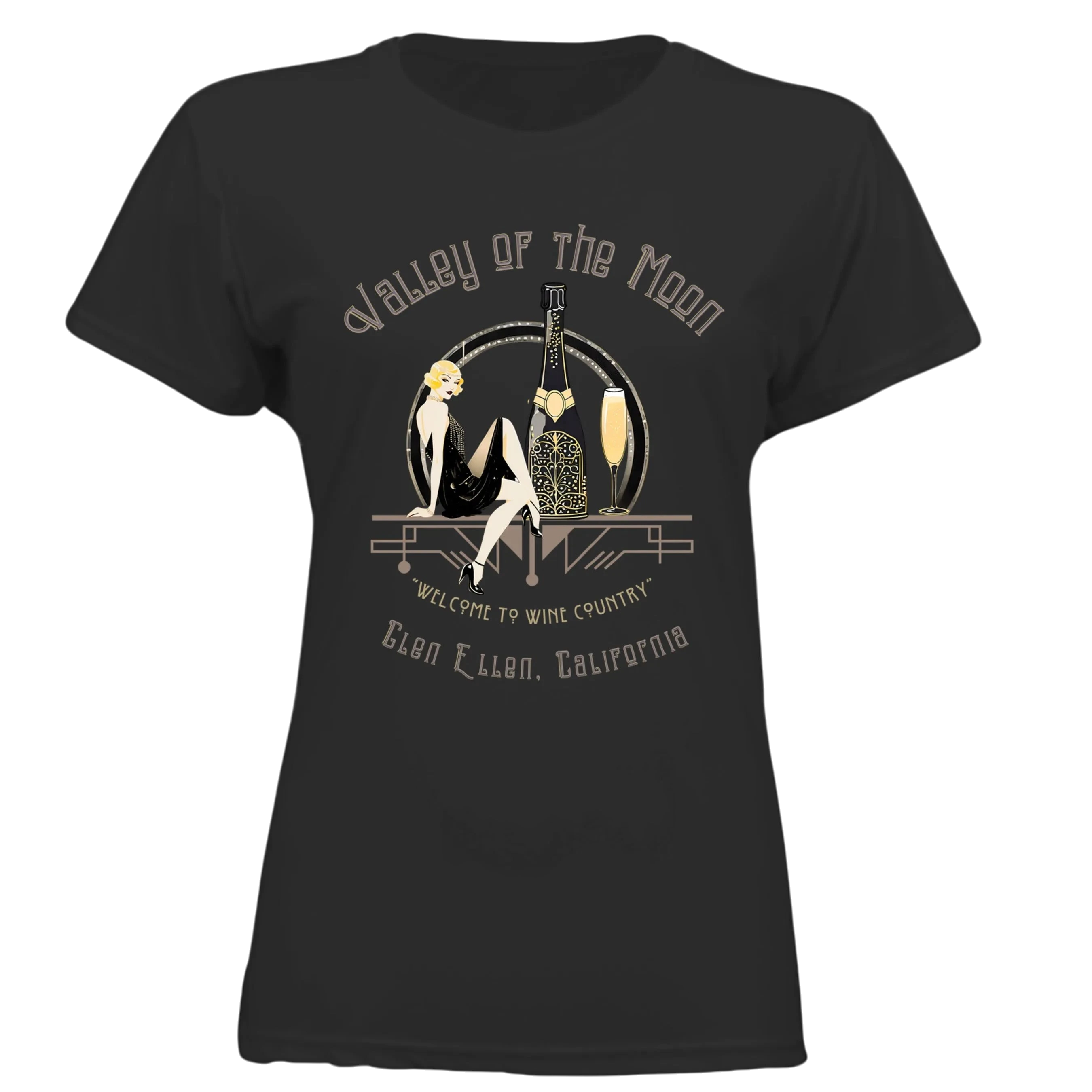 Sonoma Rebel black polyester t-shirt with a vintage pinup graphic featuring a woman, champagne bottle, and glass, reading "Valley of the Moon" and "Glen Ellen, California". Main image