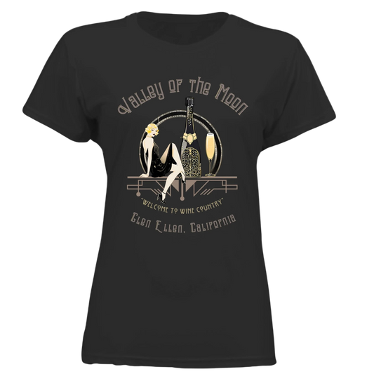 Sonoma Rebel black polyester t-shirt with a vintage pinup graphic featuring a woman, champagne bottle, and glass, reading "Valley of the Moon" and "Glen Ellen, California".