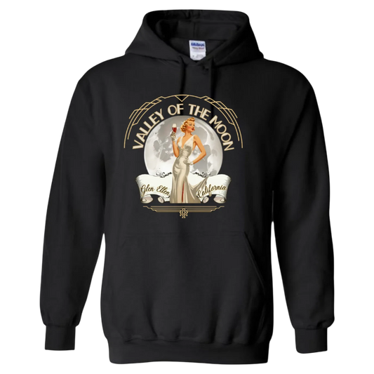 Sonoma Rebel black cotton-polyester blend hoodie with a vintage pinup graphic and "Valley of the Moon" text.