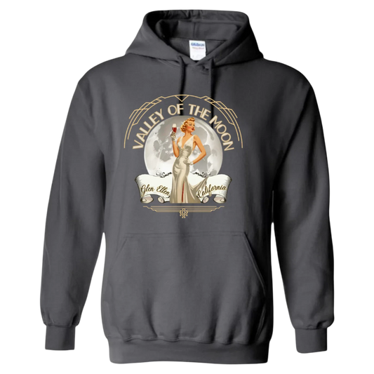 Sonoma Rebel dark grey cotton-polyester blend hoodie with a vintage pinup graphic featuring a woman in a white dress holding a wine glass, set against a moon and text reading "VALLEY OF THE MOON Glen Ellen California".