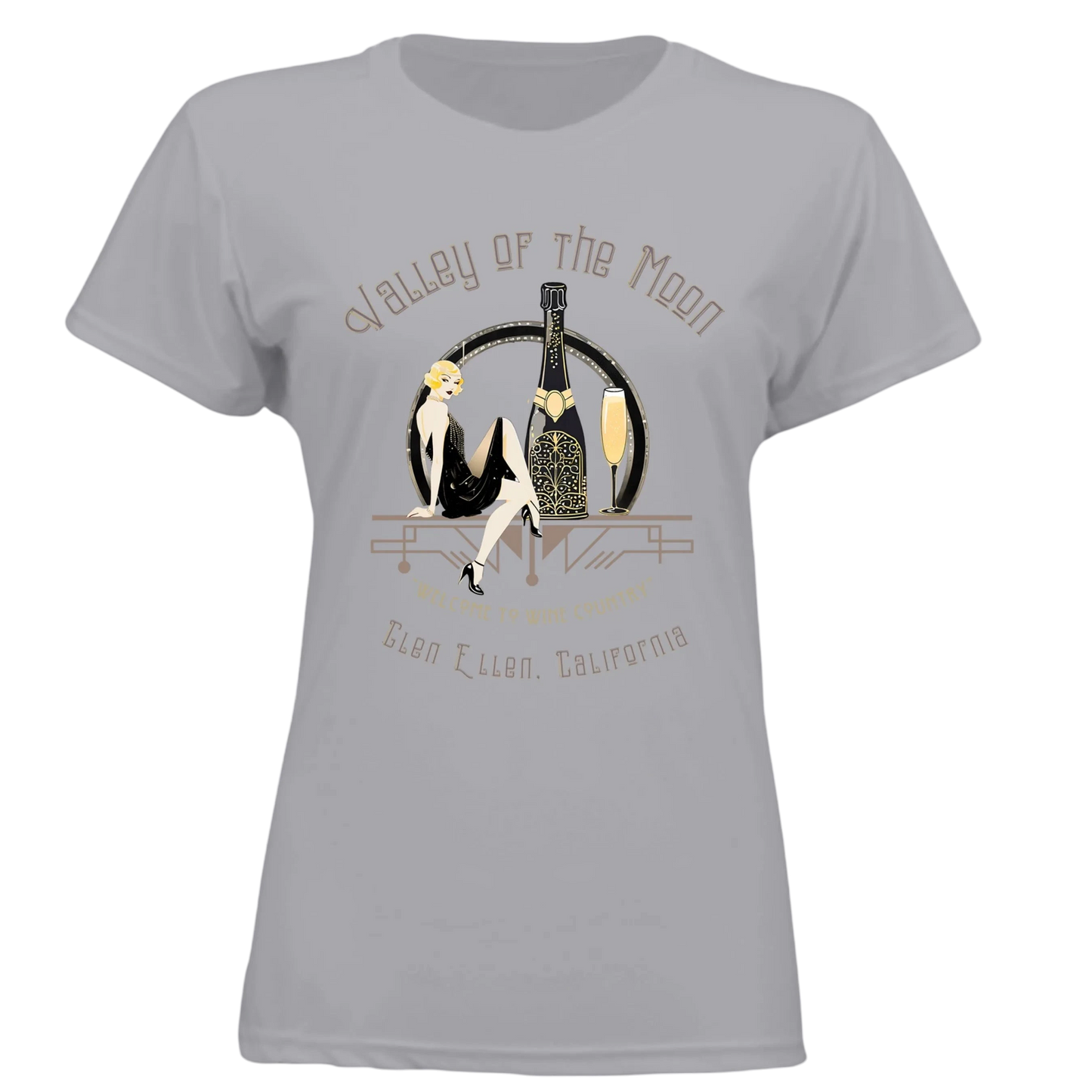 Sonoma Rebel Women's grey polyester t-shirt with a pinup graphic featuring a woman, champagne bottle, and glass. Text reads "Valley of the Moon" and "Glen Ellen, California".