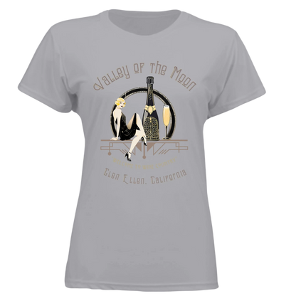 Sonoma Rebel Women's grey polyester t-shirt with a pinup graphic featuring a woman, champagne bottle, and glass. Text reads "Valley of the Moon" and "Glen Ellen, California".