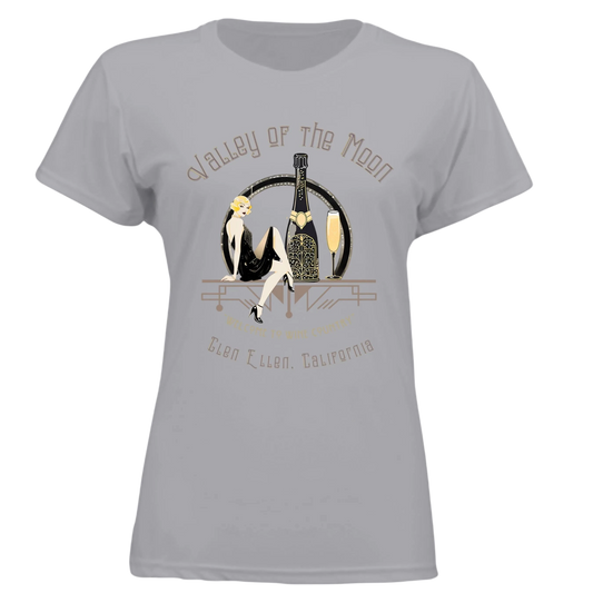 Sonoma Rebel Women's grey polyester t-shirt with a pinup graphic featuring a woman, champagne bottle, and glass. Text reads "Valley of the Moon" and "Glen Ellen, California".