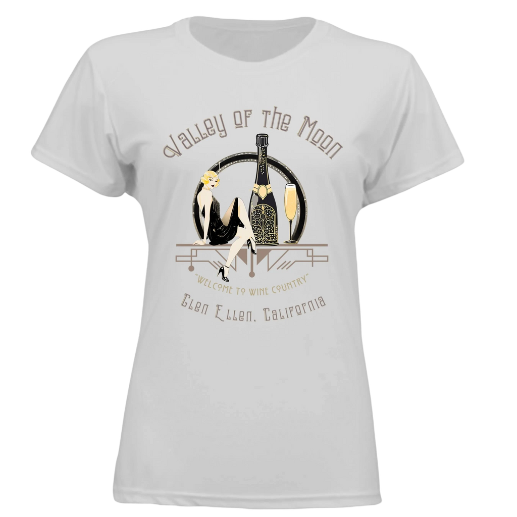 Sonoma Rebel white polyester t-shirt with a pinup graphic featuring a woman, champagne bottle, and glass. Text reads "Valley of the Moon" and "Welcome to Wine Country, Glen Ellen, California."
