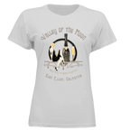 Sonoma Rebel white polyester t-shirt with a pinup graphic featuring a woman, champagne bottle, and glass. Text reads "Valley of the Moon" and "Welcome to Wine Country, Glen Ellen, California."