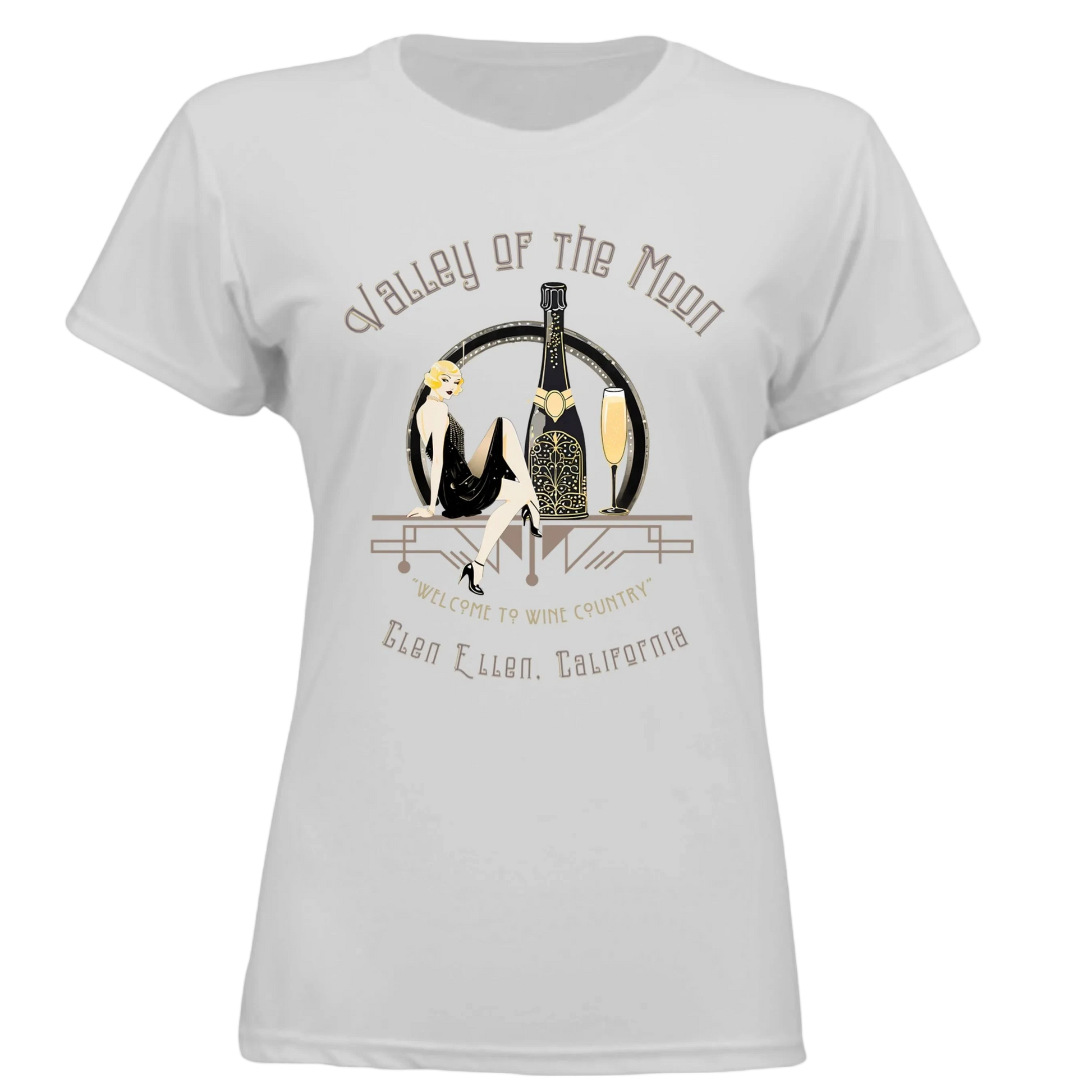 Sonoma Rebel white polyester t-shirt with a pinup graphic featuring a woman, champagne bottle, and glass. Text reads "Valley of the Moon" and "Welcome to Wine Country, Glen Ellen, California."