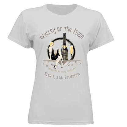 Sonoma Rebel white polyester t-shirt with a pinup graphic featuring a woman, champagne bottle, and glass. Text reads "Valley of the Moon" and "Welcome to Wine Country, Glen Ellen, California."
