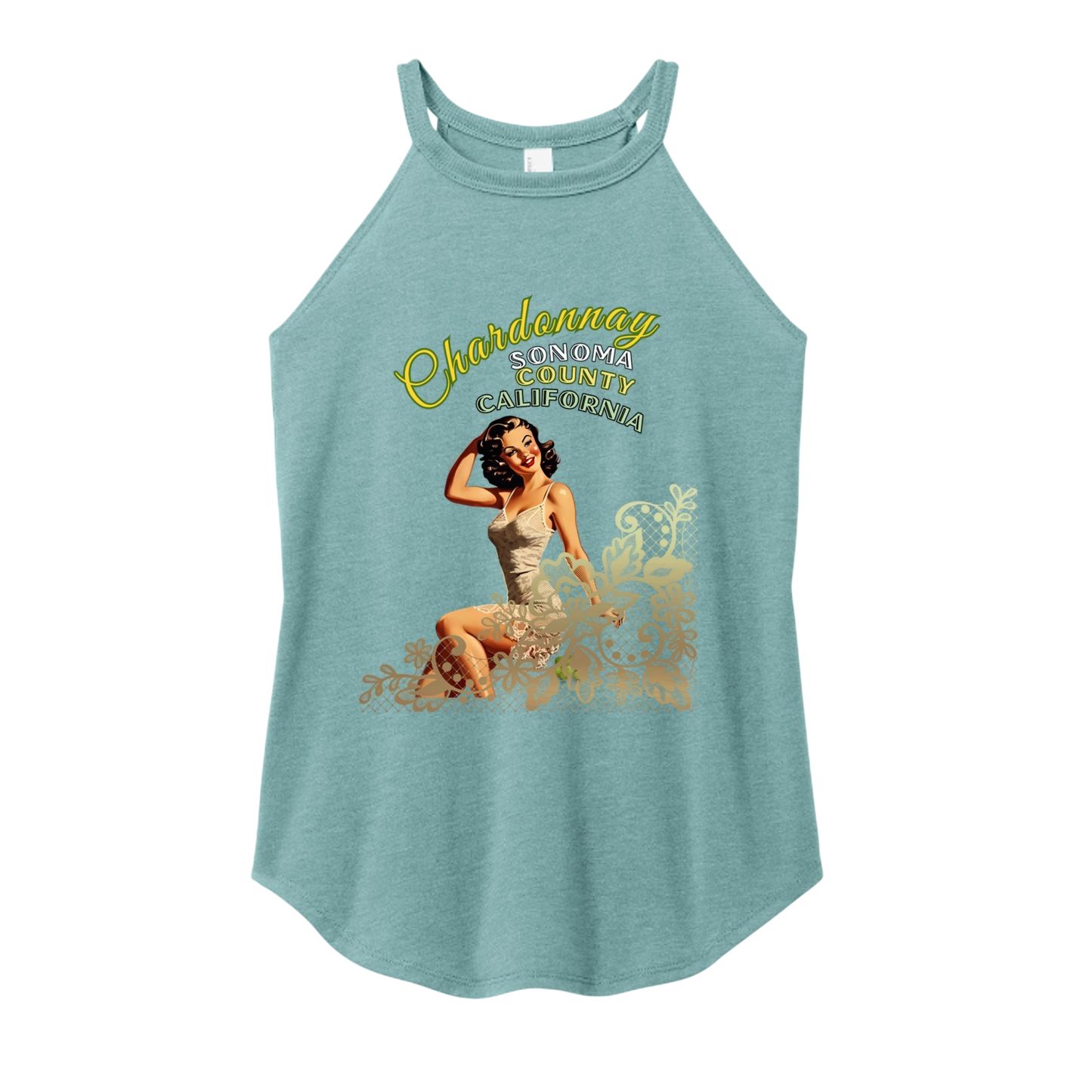 Sonoma Rebel light blue tri-blend tank top with a pin-up girl graphic and