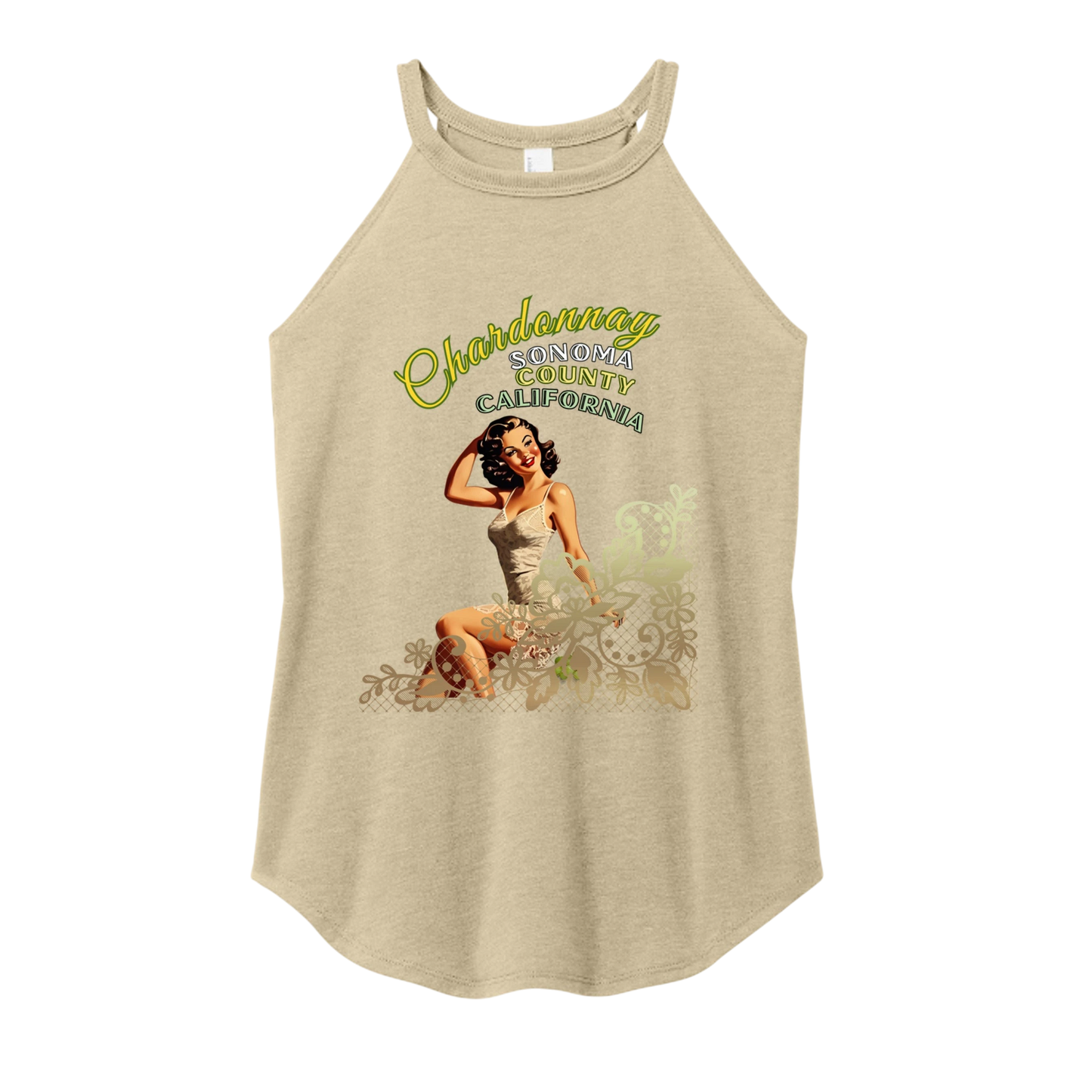 Sonoma Rebel tan tri-blend tank top with a pin-up graphic and