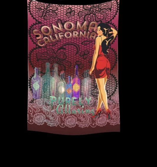 Sonoma Rebel 40" x 60" pinup tapestry featuring a woman in a red dress, bottles, and lace detail. Polyester peach skin.
