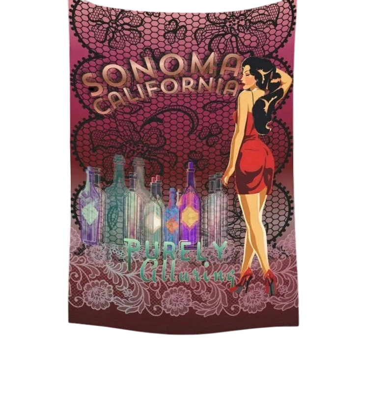 Sonoma Rebel 40" x 60" pinup tapestry featuring a woman in a red dress, bottles, and lace detail. Polyester peach skin.