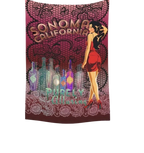 Sonoma Rebel 40" x 60" pinup tapestry featuring a woman in a red dress, bottles, and lace detail. Polyester peach skin.