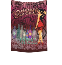 Sonoma Rebel 40" x 60" pinup tapestry featuring a woman in a red dress, bottles, and lace detail. Polyester peach skin.