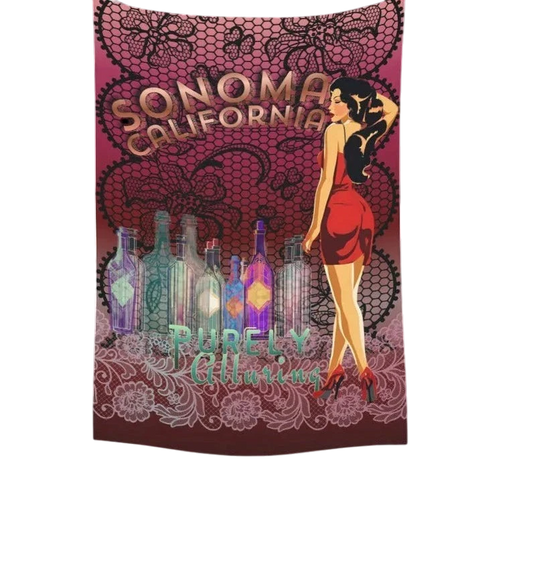 Sonoma Rebel 40" x 60" pinup tapestry featuring a woman in a red dress, bottles, and lace detail. Polyester peach skin.