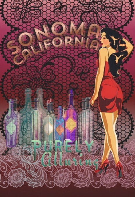 Sonoma Rebel pinup tapestry featuring a woman in a red dress, wine bottles, and lace details. Polyester peach skin, 40" x 60".