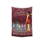 Sonoma Rebel pinup tapestry featuring a woman in a red dress, wine bottles, and lace details. 40" x 60" polyester peach skin.