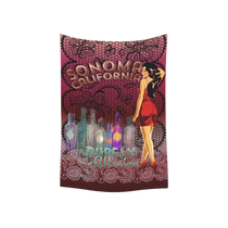 Sonoma Rebel pinup tapestry featuring a woman in a red dress, wine bottles, and lace details. 40" x 60" polyester peach skin.