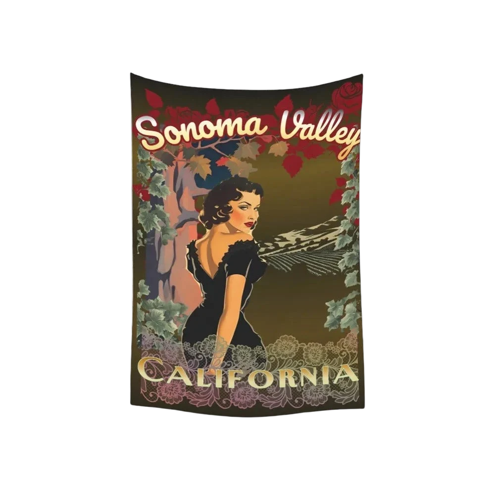 Sonoma Rebel vintage pinup tapestry featuring a woman in a black dress with Sonoma Valley and California text.