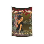 Sonoma Rebel vintage pinup tapestry featuring a woman in a black dress with Sonoma Valley and California text.