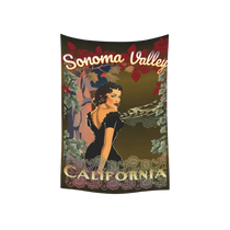 Sonoma Rebel vintage pinup tapestry featuring a woman in a black dress with Sonoma Valley and California text.
