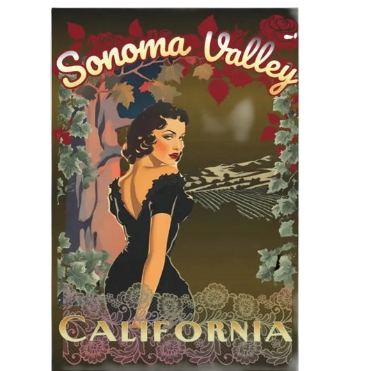 Sonoma Rebel retro pinup tapestry featuring a woman in a black dress, Sonoma Valley, and California text. Polyester peach skin fabric.