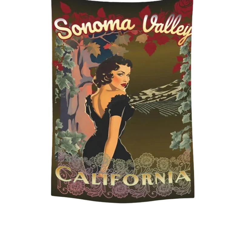 Sonoma Rebel 40"x60" tapestry featuring a retro pinup woman in a black dress, surrounded by vines and flowers, with