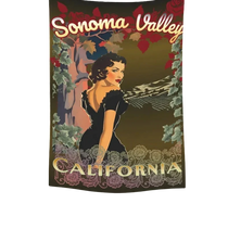 Sonoma Rebel 40"x60" tapestry featuring a retro pinup woman in a black dress, surrounded by vines and flowers, with