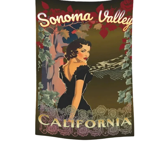Sonoma Rebel 40"x60" tapestry featuring a retro pinup woman in a black dress, surrounded by vines and flowers, with