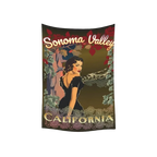 Sonoma Rebel vintage pinup tapestry featuring a woman in a black dress, with "Sonoma Valley California" text. Polyester peach skin fabric, 40"x60".