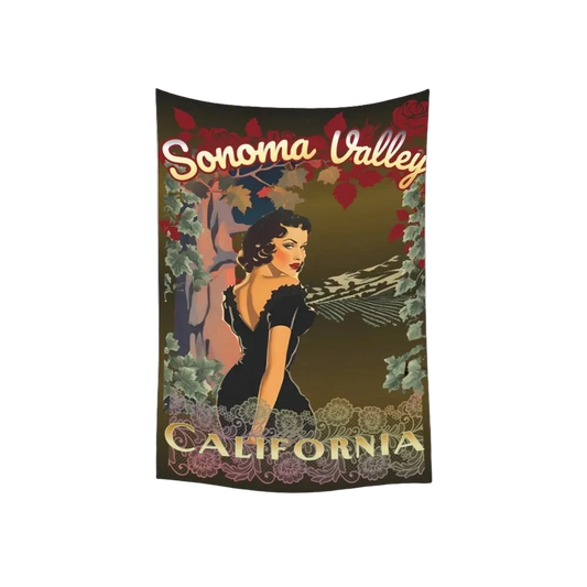 Sonoma Rebel vintage pinup tapestry featuring a woman in a black dress, with "Sonoma Valley California" text. Polyester peach skin fabric, 40"x60".