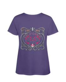 Sonoma Rebel purple V-neck t-shirt with a psychedelic California graphic featuring red flowers and ornate scrollwork.