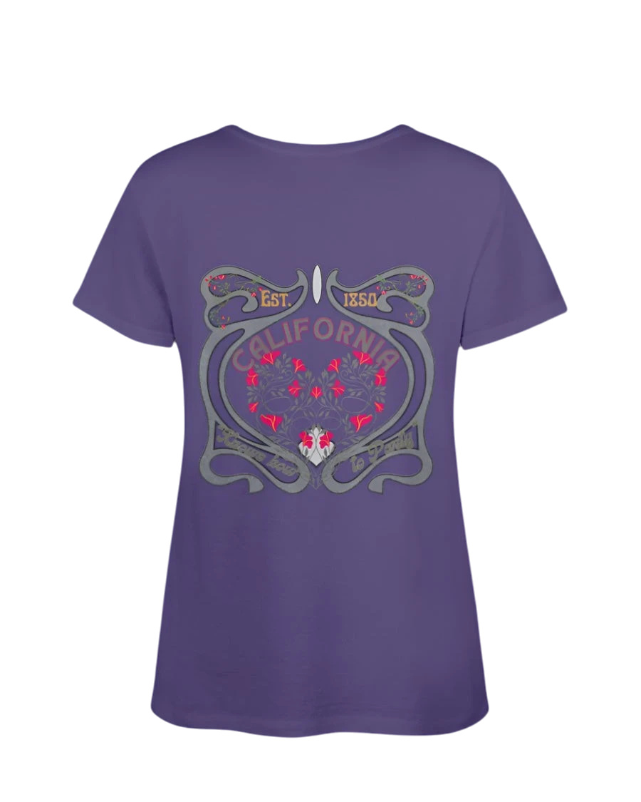 Sonoma Rebel purple V-neck t-shirt with a psychedelic California graphic featuring red flowers and ornate scrollwork.