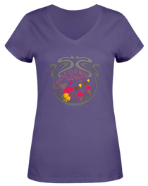 Sonoma Rebel purple V-neck t-shirt with a psychedelic California Love graphic featuring poppies and art nouveau detailing.