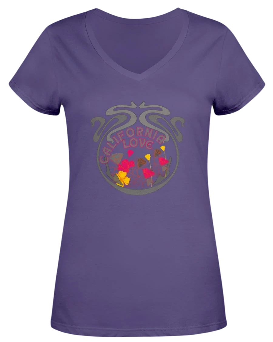 Sonoma Rebel purple V-neck t-shirt with a psychedelic California Love graphic featuring poppies and art nouveau detailing.