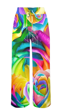 Sonoma Rebel women's wide-leg lounge pants with a vibrant rainbow rose floral print and drawstring waist. Made from a polyester-spandex blend.