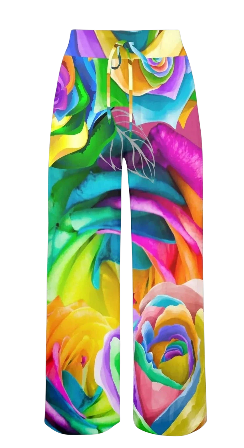Sonoma Rebel women's wide-leg lounge pants with a vibrant rainbow rose floral print and drawstring waist. Made from a polyester-spandex blend. Main image