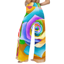 Sonoma Rebel women's wide-leg lounge pants with a vibrant rainbow rose print. Made from a soft, stretchy polyester-spandex blend.