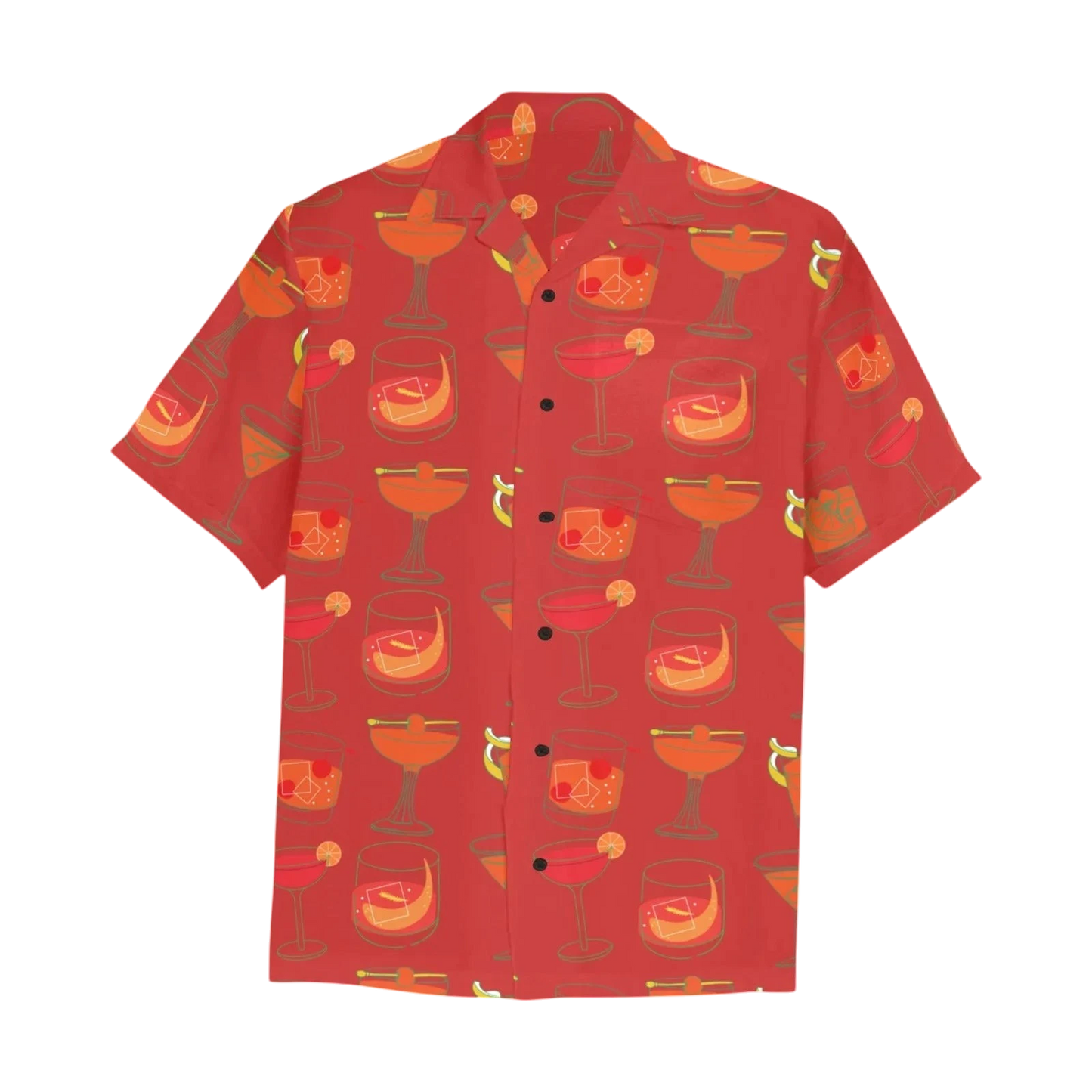Sonoma Rebel Men's red Hawaiian shirt with a whiskey cocktail print, featuring a notch lapel collar and chest pocket.