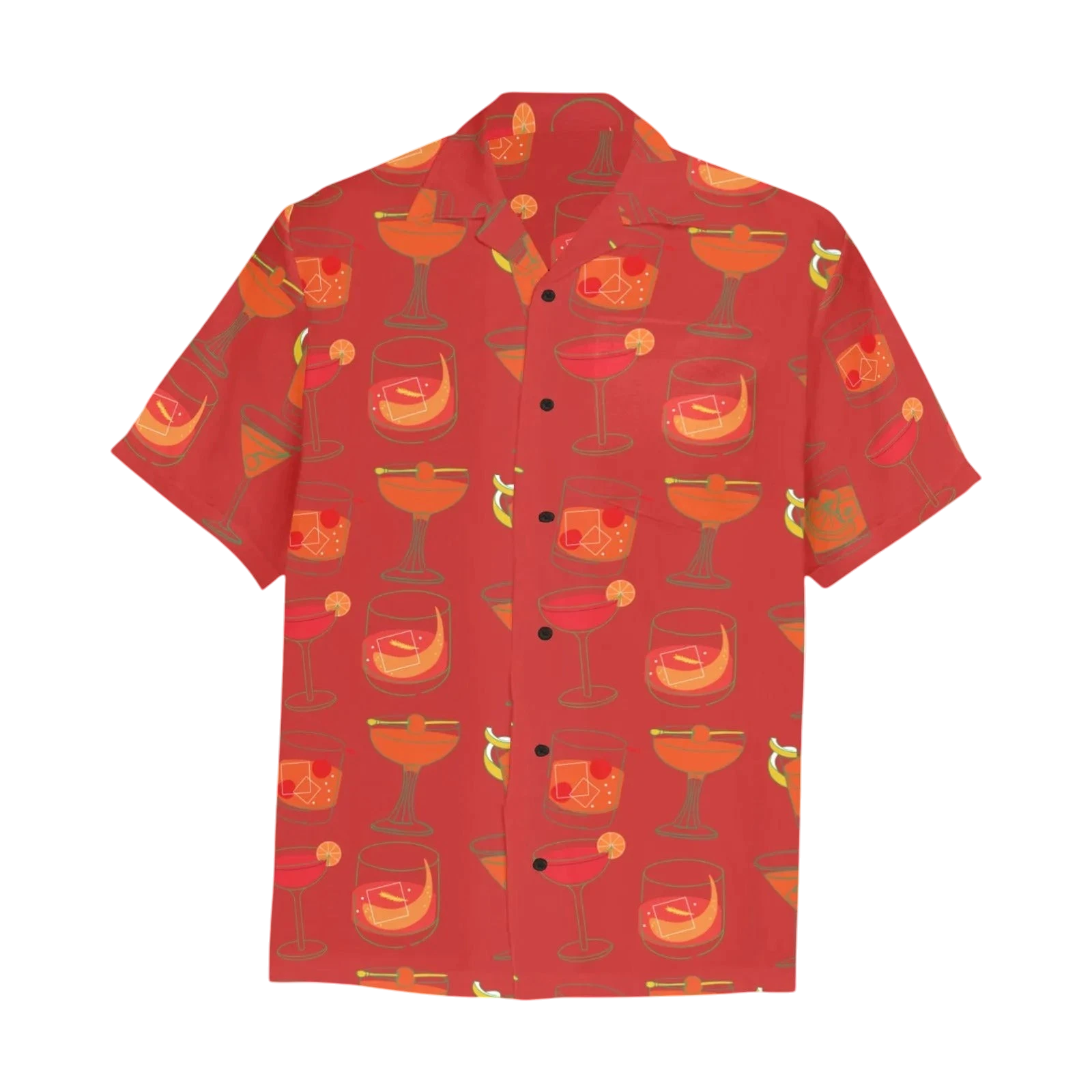 Sonoma Rebel Men's red Hawaiian shirt with a whiskey cocktail print, featuring a notch lapel collar and chest pocket.