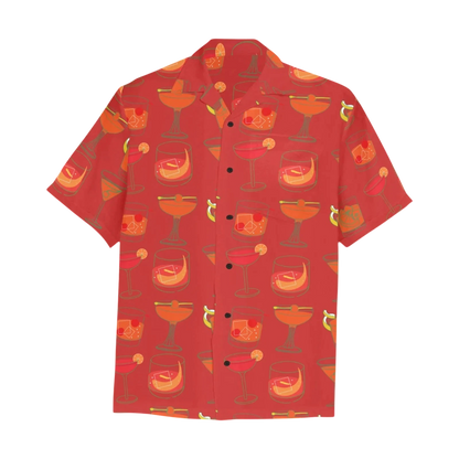 Sonoma Rebel Men's red Hawaiian shirt with a whiskey cocktail print, featuring a notch lapel collar and chest pocket.