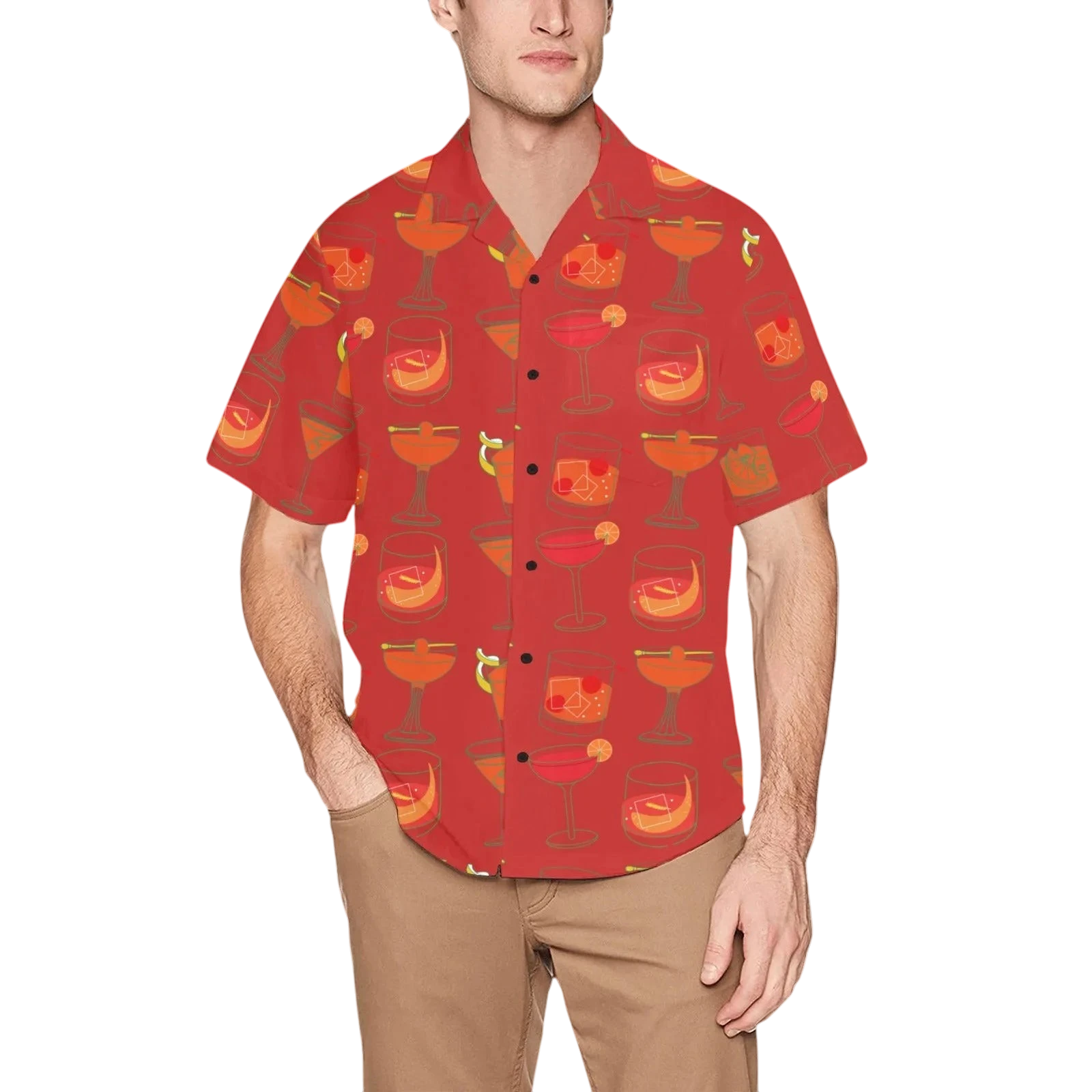 Sonoma Rebel Men's red short-sleeve Hawaiian shirt with a repeating pattern of various cocktail glasses. Made of polyester and spandex.