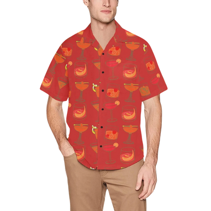 Sonoma Rebel Men's red short-sleeve Hawaiian shirt with a repeating pattern of various cocktail glasses. Made of polyester and spandex.