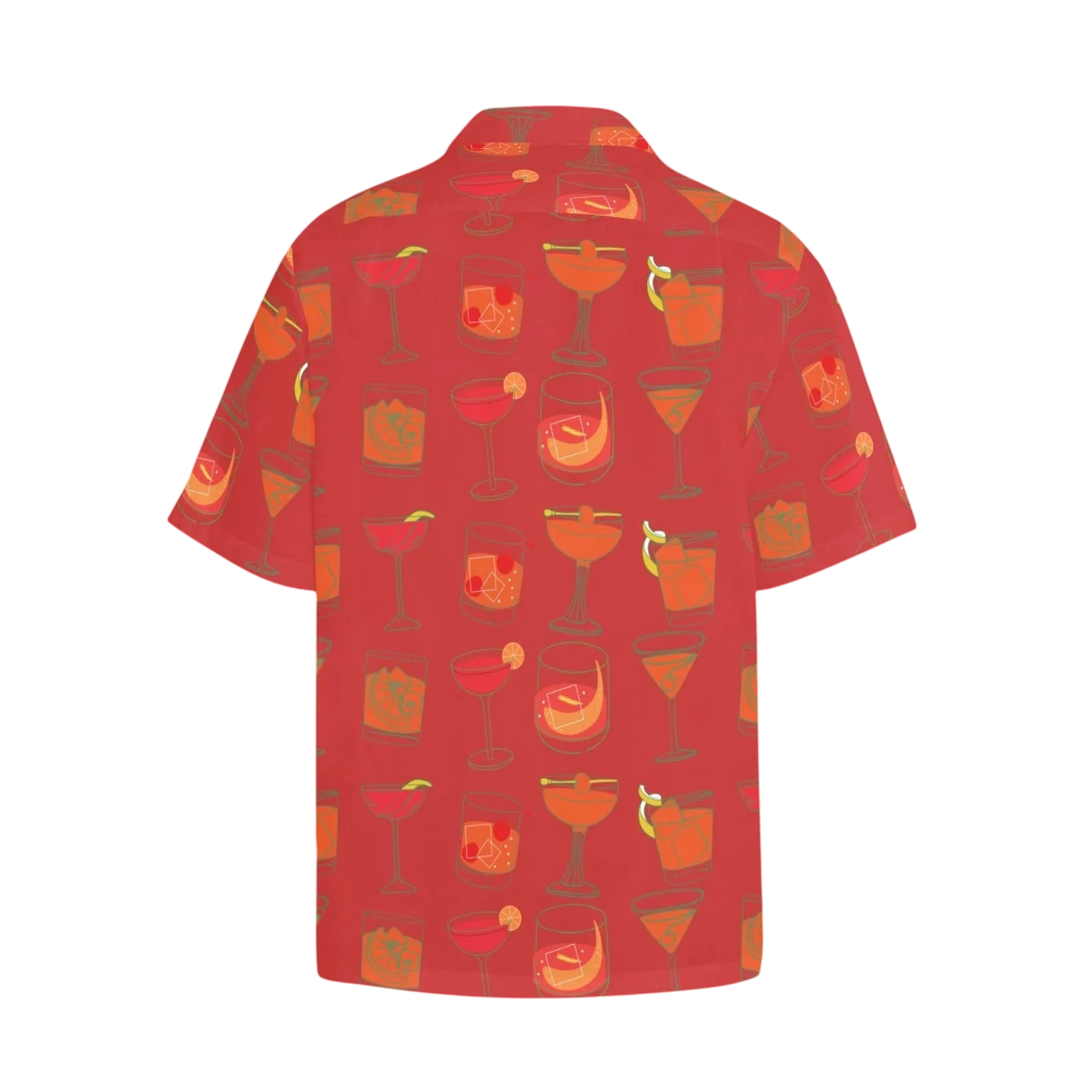 Sonoma Rebel red short-sleeve Hawaiian shirt with a repeating pattern of illustrated cocktails in orange and yellow hues.