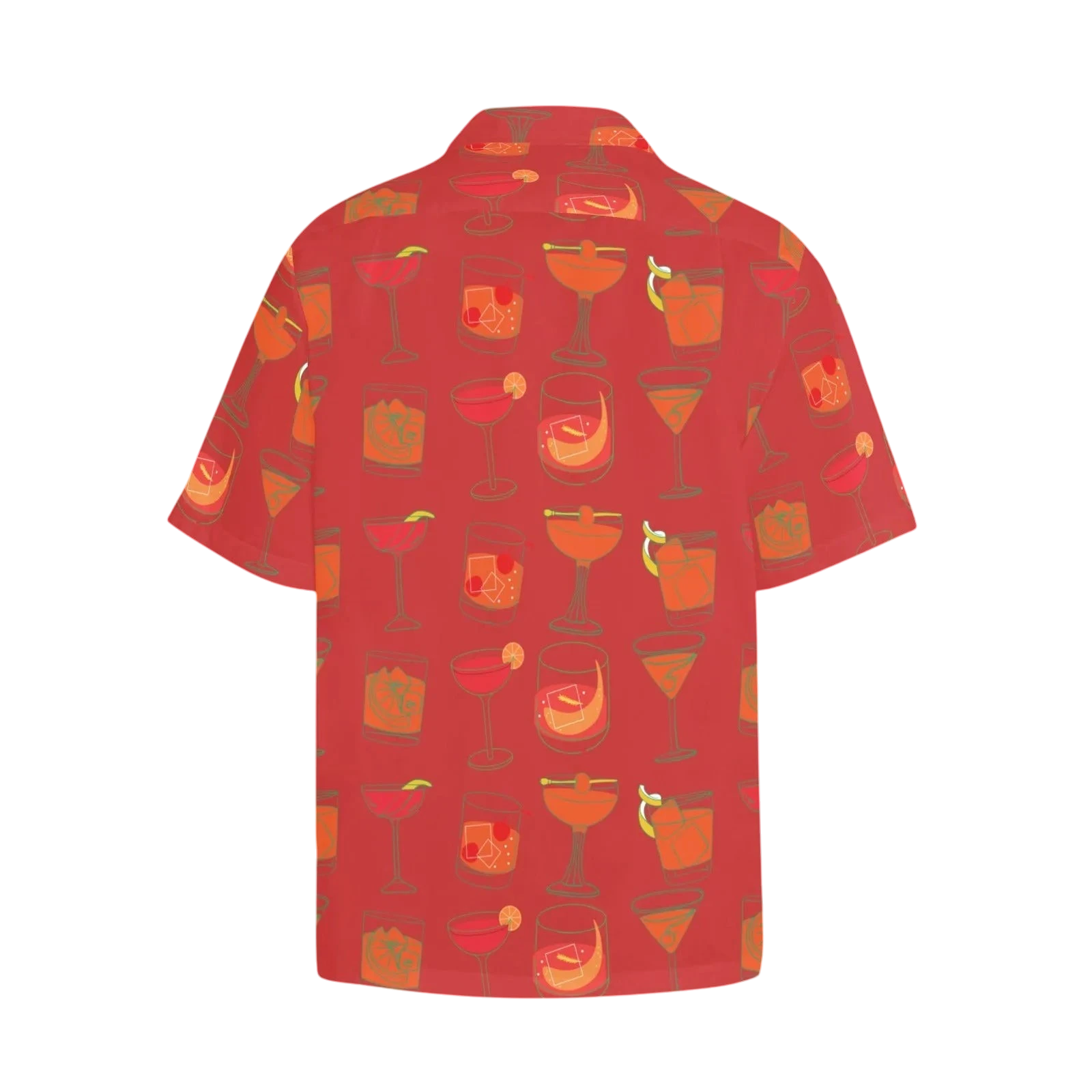 Sonoma Rebel red short-sleeve Hawaiian shirt with a repeating pattern of illustrated cocktails in orange and yellow hues.