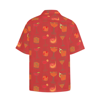 Sonoma Rebel red short-sleeve Hawaiian shirt with a repeating pattern of illustrated cocktails in orange and yellow hues.
