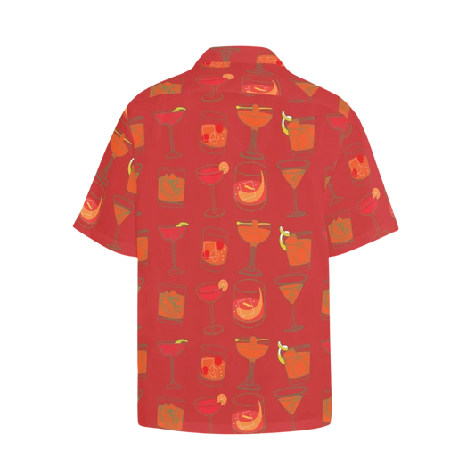 Sonoma Rebel red short-sleeve Hawaiian shirt with a repeating pattern of illustrated cocktails in orange and yellow hues.