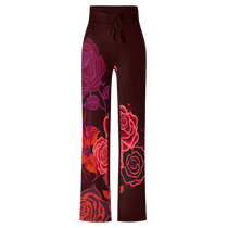 Sonoma Rebel women's straight-leg pants in dark red with a bold all-over red and purple rose print and drawstring waist.